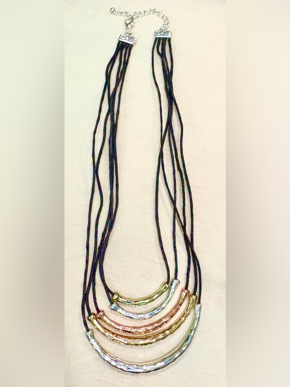 Silver, Copper & Gold Tone Black Cord Layered Statement Necklace. 15"-18" long